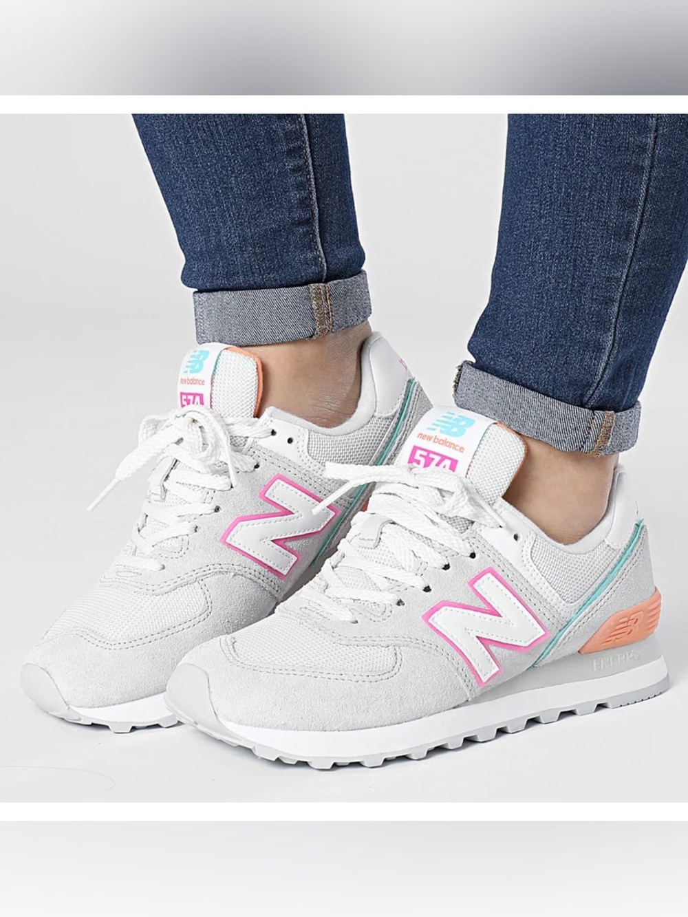 New Balance Women's White Sneakers with Pink & Teal Accents